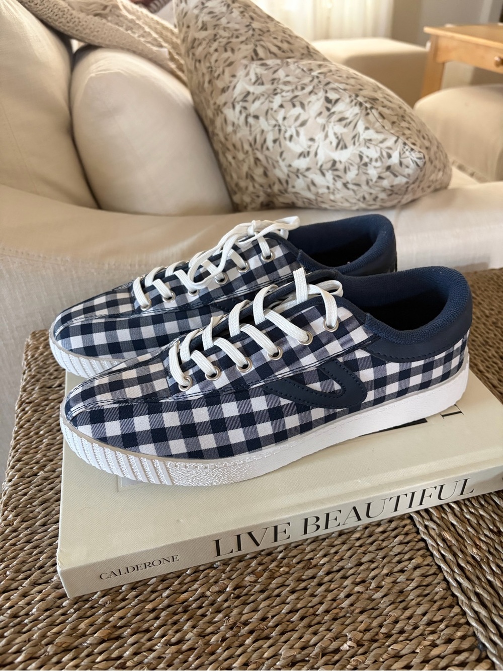 Tretorn Draper James Navy Gingham Canvas Sneakers 7 NEW